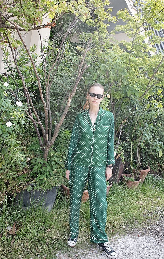 green and white polka dot top